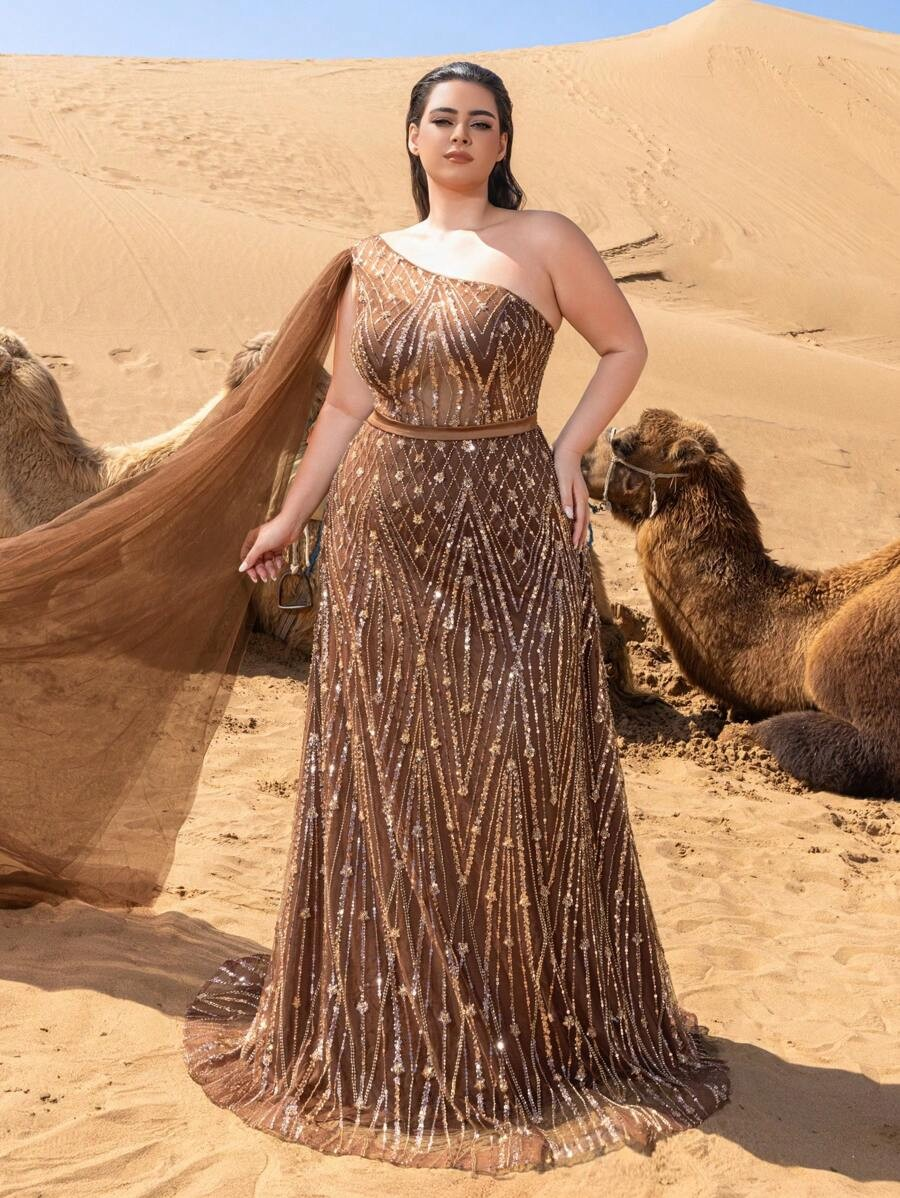 SD3236 One-Shoulder Cape Sleeve Sequin Gown