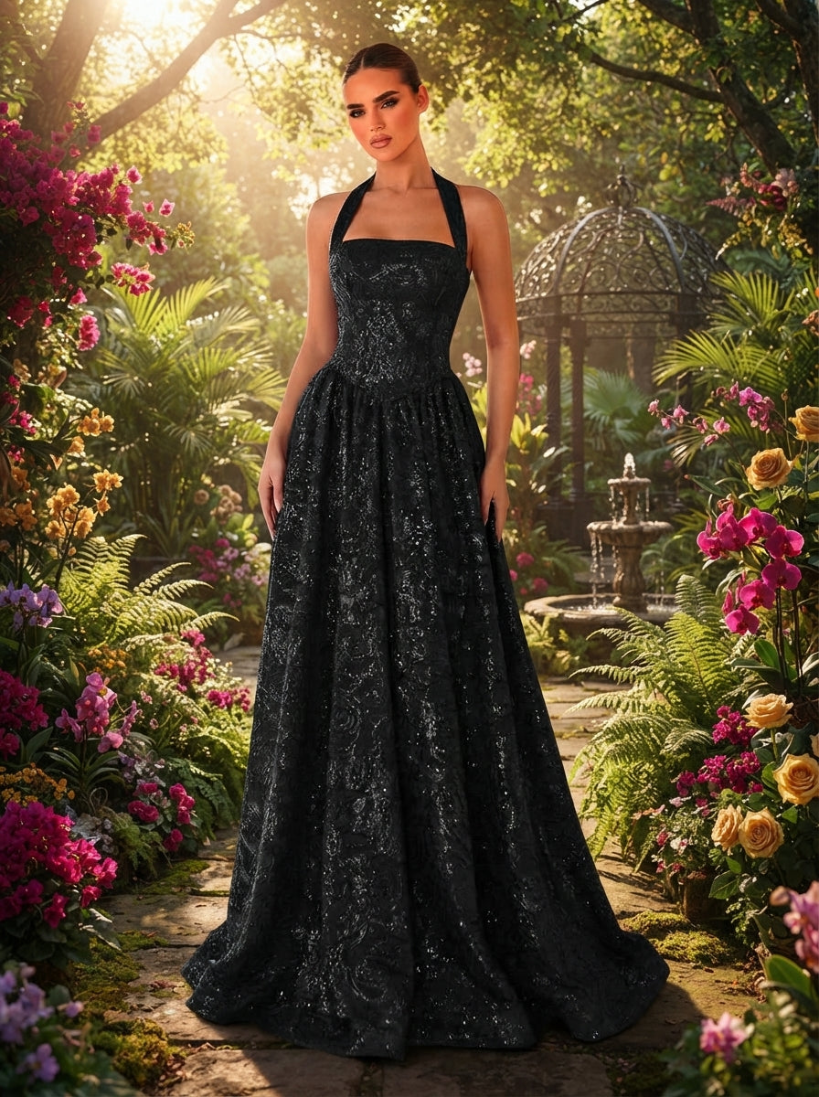 SDE3250 Elegant Burgundy Jacquard Halter Formal Evening Gown