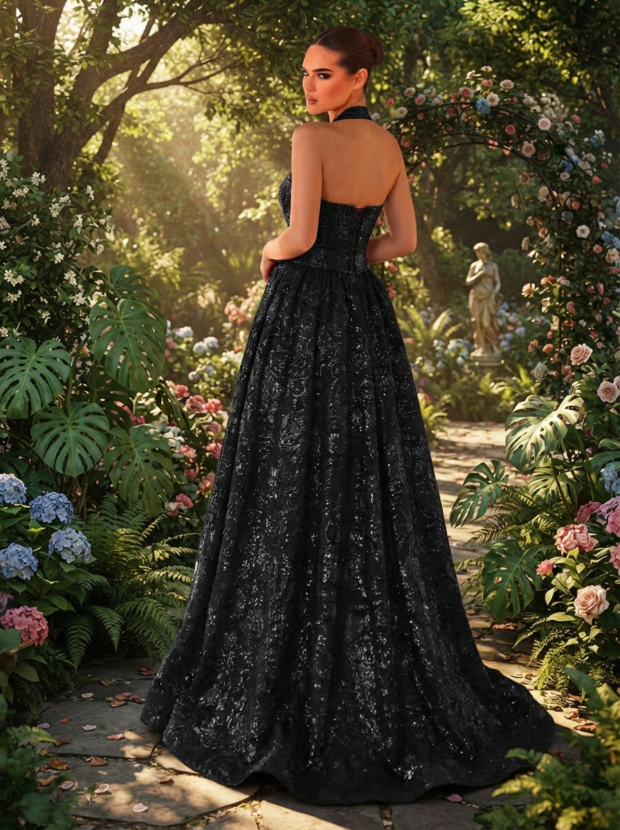 SDE3250 Elegant Burgundy Jacquard Halter Formal Evening Gown
