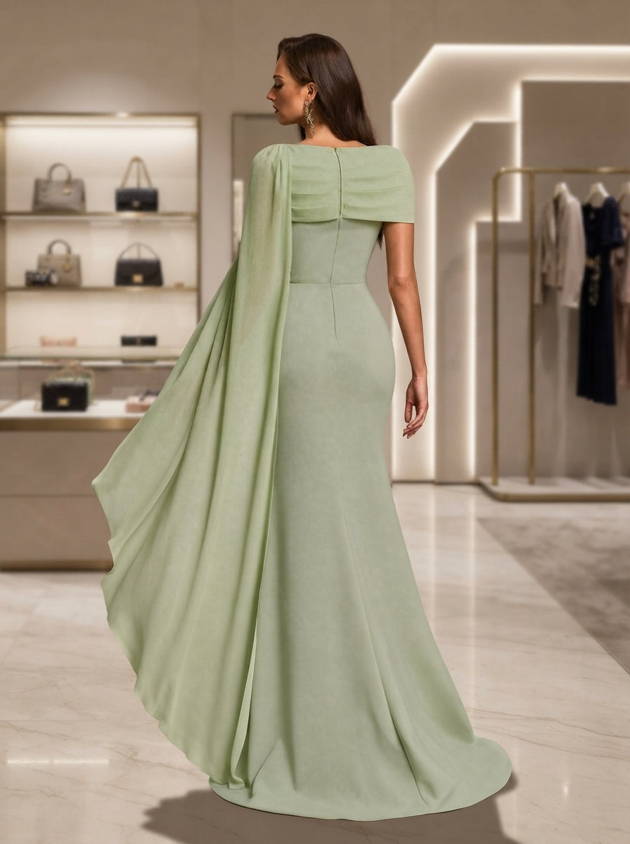 SDE3281 Asymmetrical Ribbon Collar Heavy Workmanship Evening Gown
