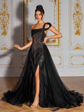 SD3193 Black 3D Beaded Mesh Splice Gown
