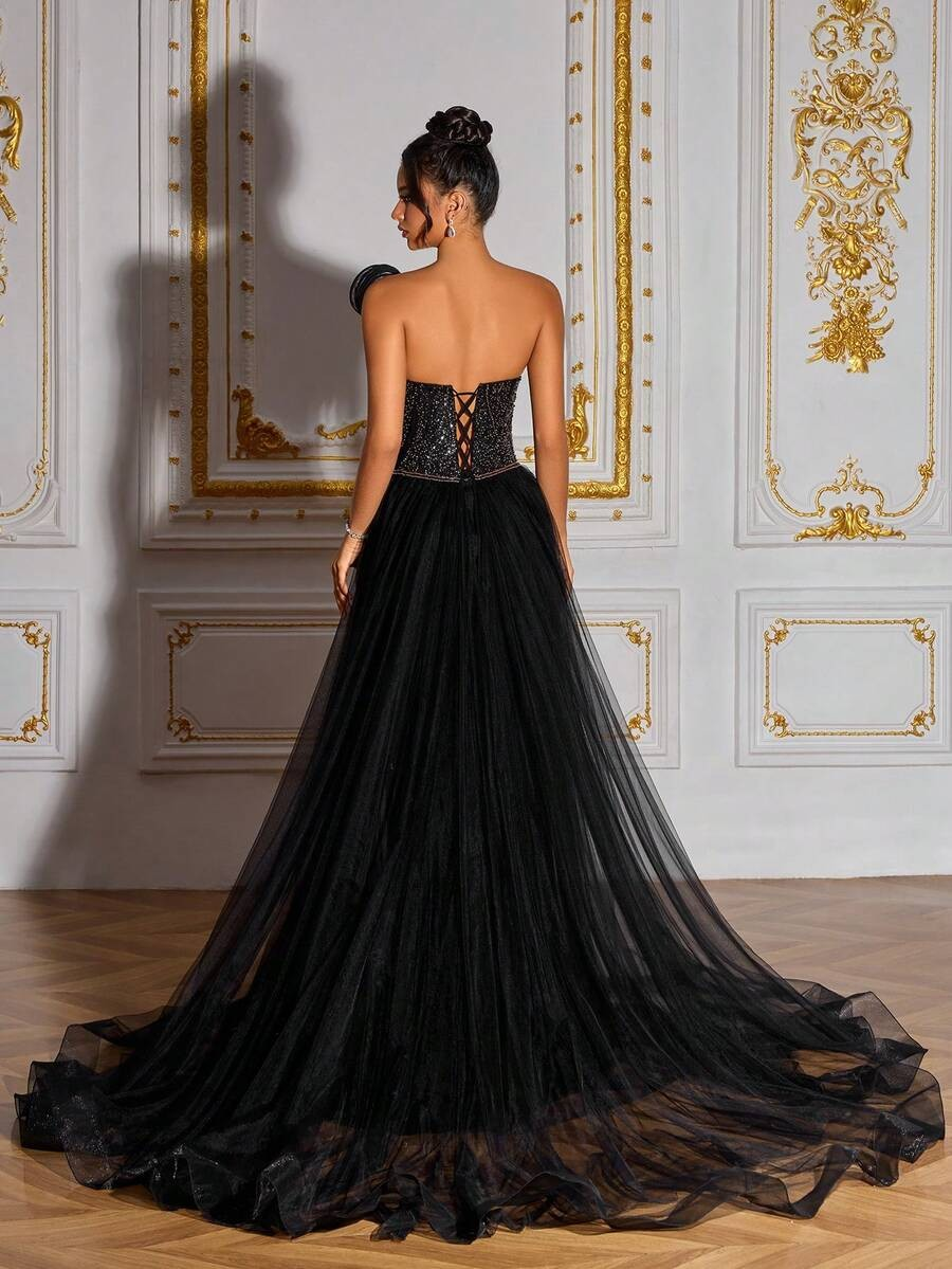 SD3193 Black 3D Beaded Mesh Splice Gown
