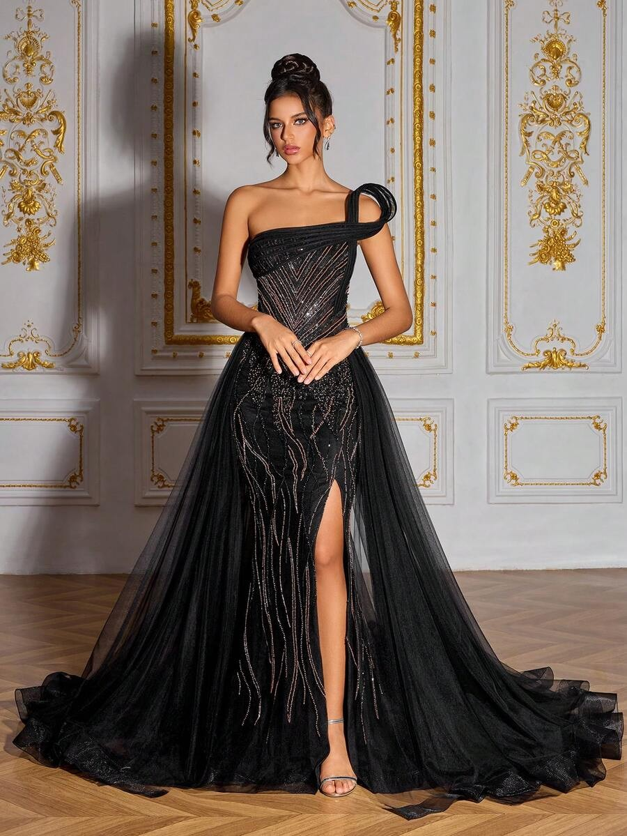 SD3193 Black 3D Beaded Mesh Splice Gown