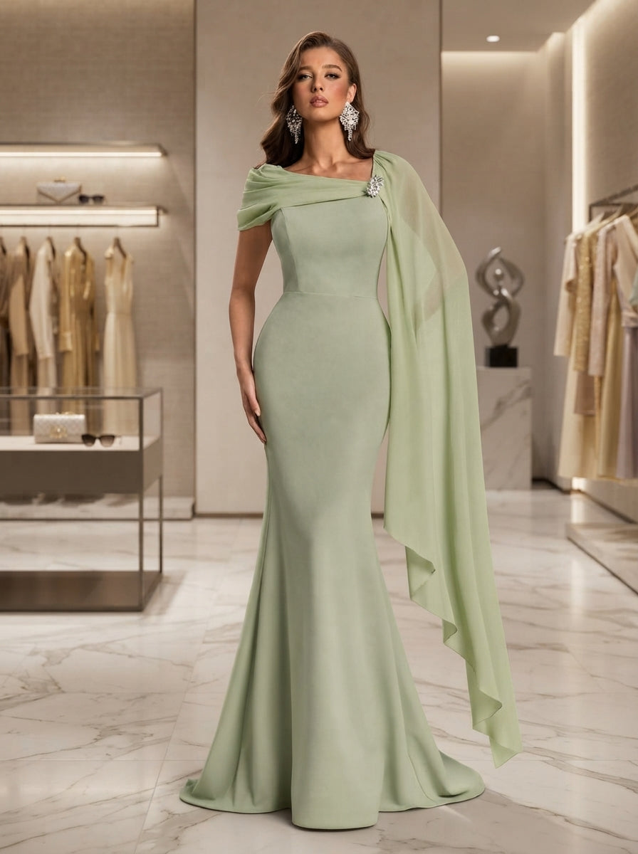 SDE3281 Asymmetrical Ribbon Collar Heavy Workmanship Evening Gown