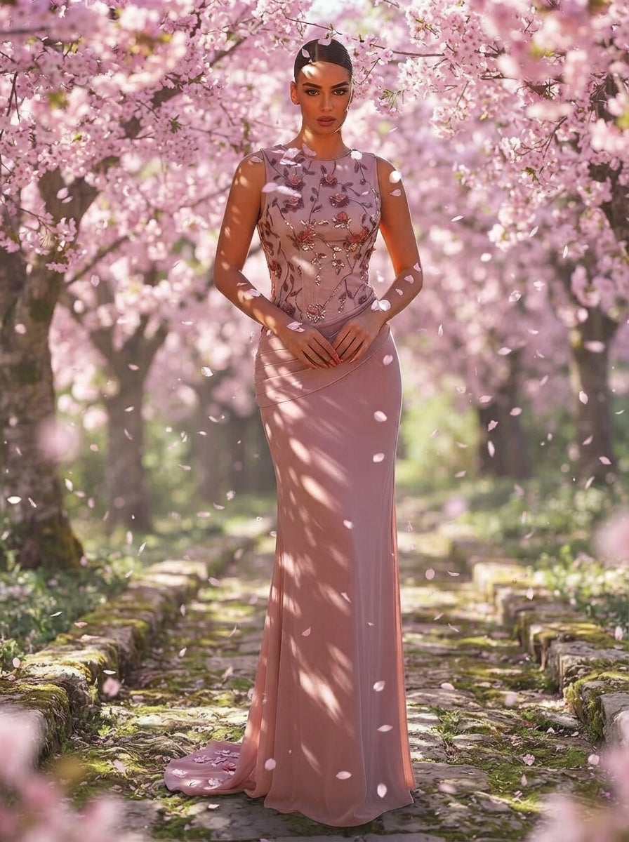 SDE3266 Dark Pink Chiffon 3D Floral Sequin Fishtail Gown