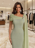 SDE3281 Asymmetrical Ribbon Collar Heavy Workmanship Evening Gown