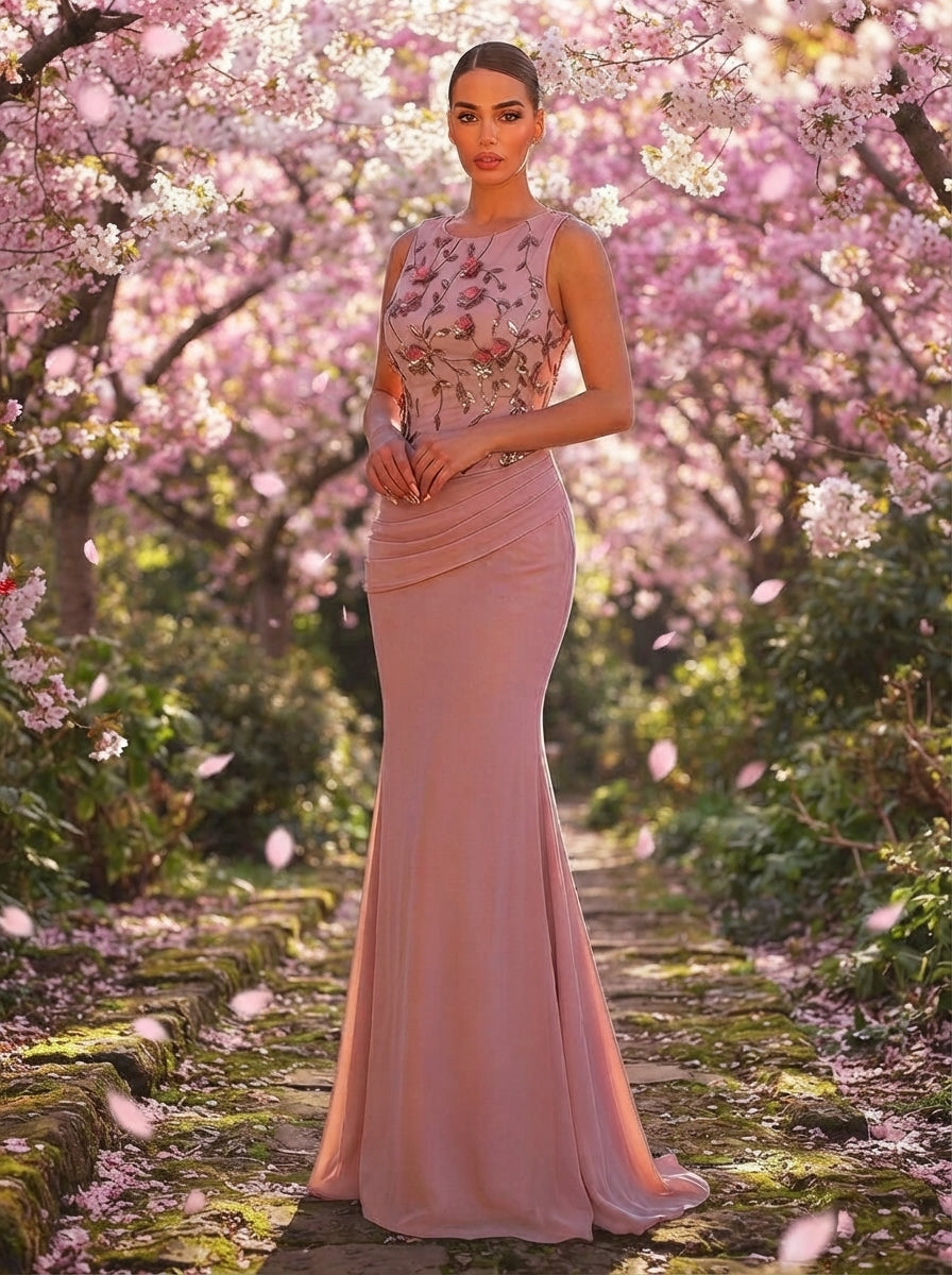 SDE3266 Dark Pink Chiffon 3D Floral Sequin Fishtail Gown