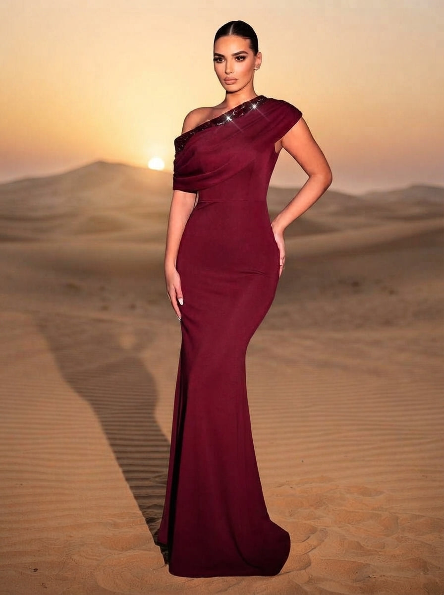 SDE3263 Black Sequined Embroidery One-Shoulder Fishtail Gown