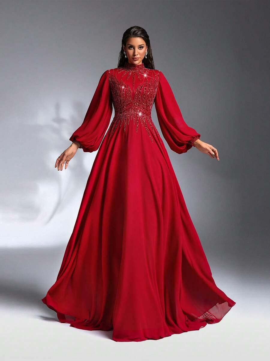 SD3176 Burgundy Lantern Sleeve Sequin Gown