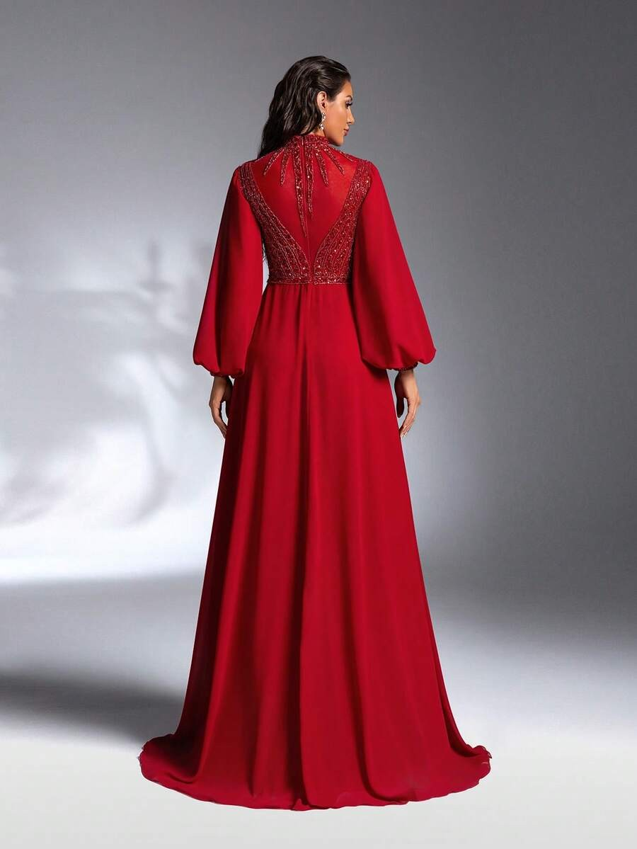 SD3176 Burgundy Lantern Sleeve Sequin Gown
