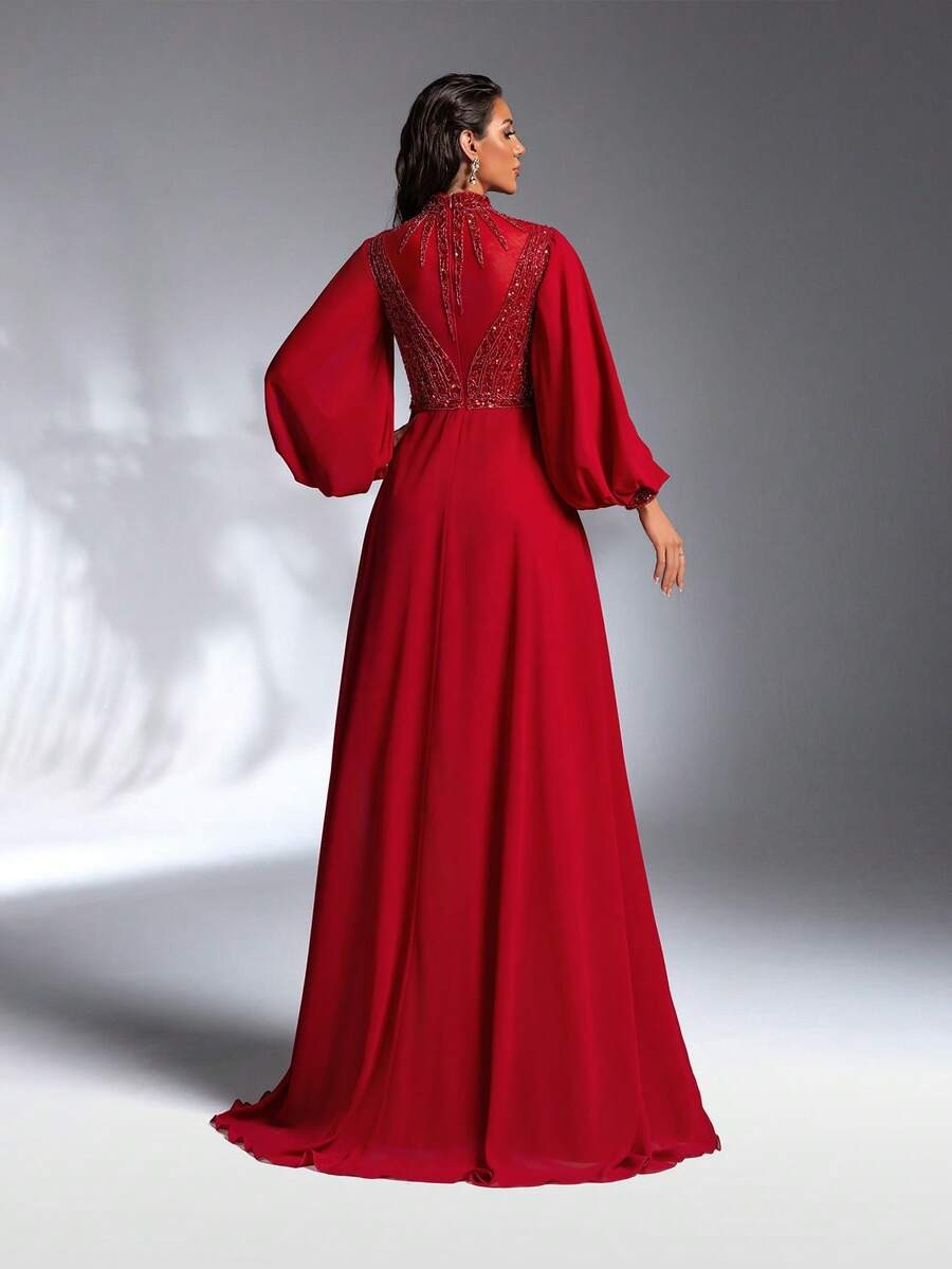 SD3176 Burgundy Lantern Sleeve Sequin Gown