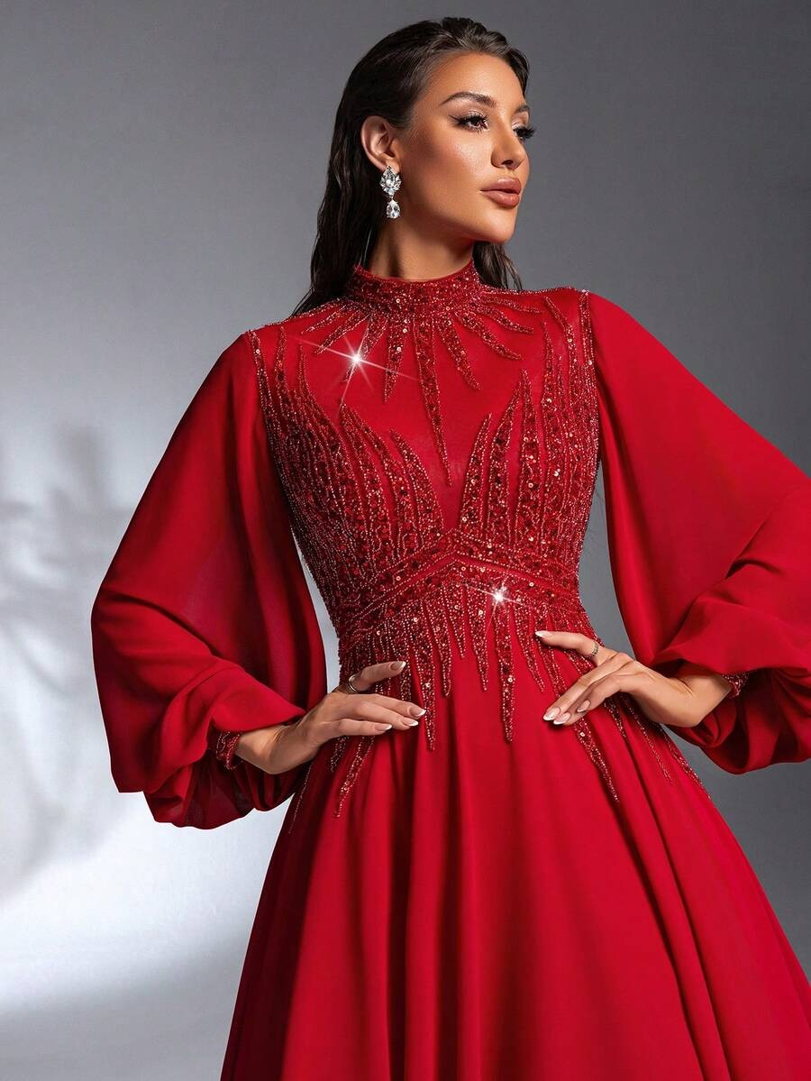 SD3176 Burgundy Lantern Sleeve Sequin Gown