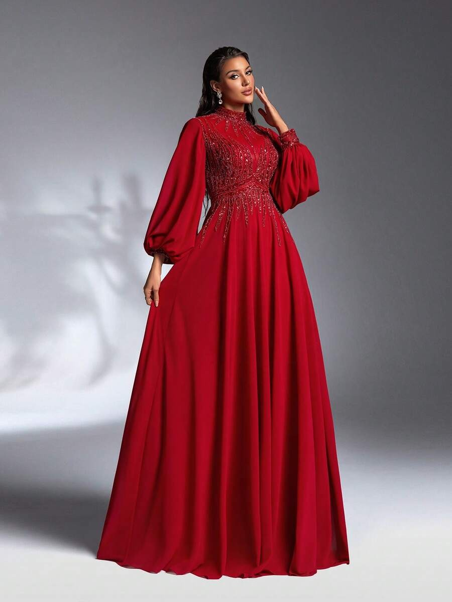 SD3176 Burgundy Lantern Sleeve Sequin Gown