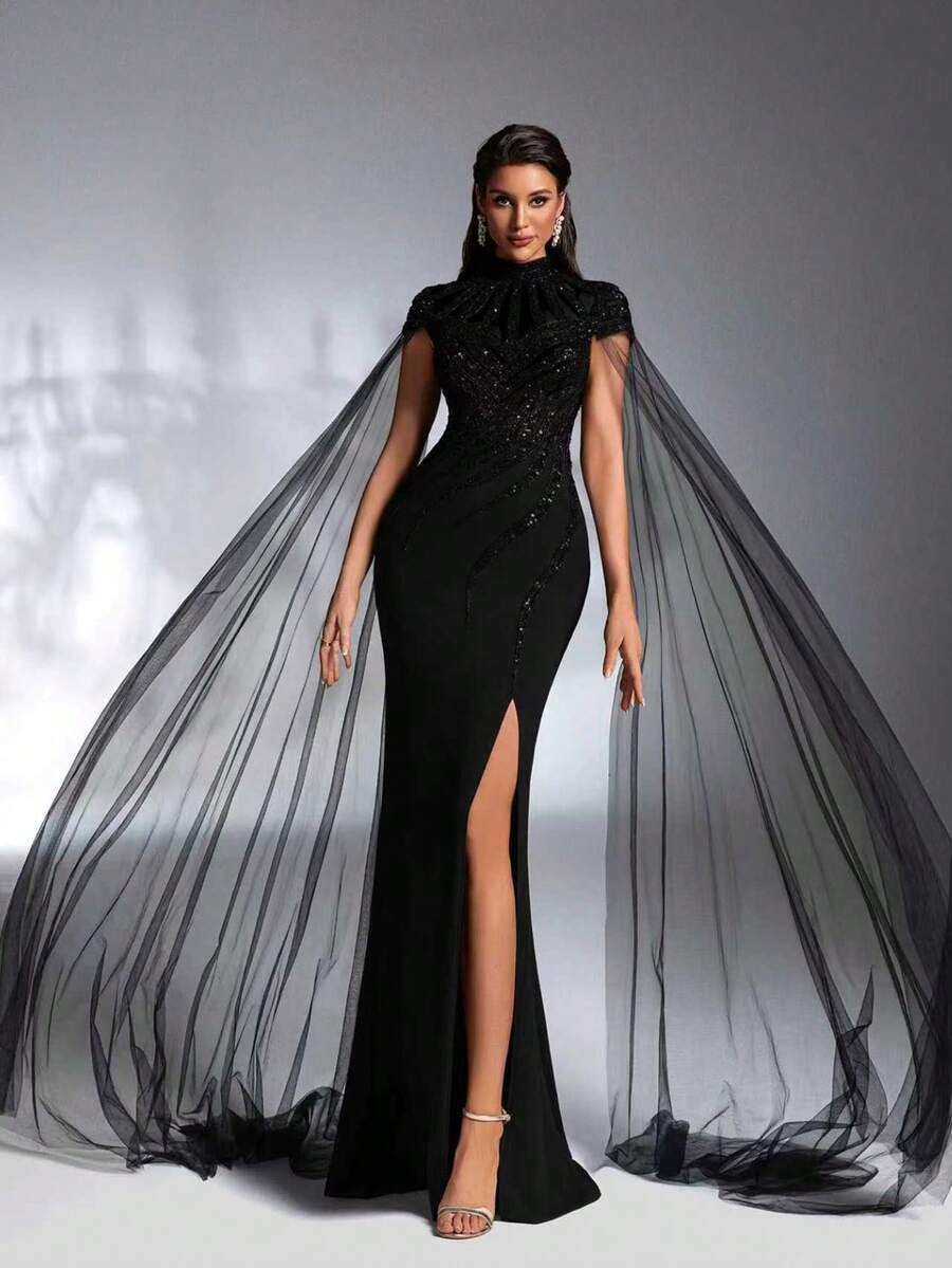 SD3172 Luxe Black High-Collar Sequin Gown