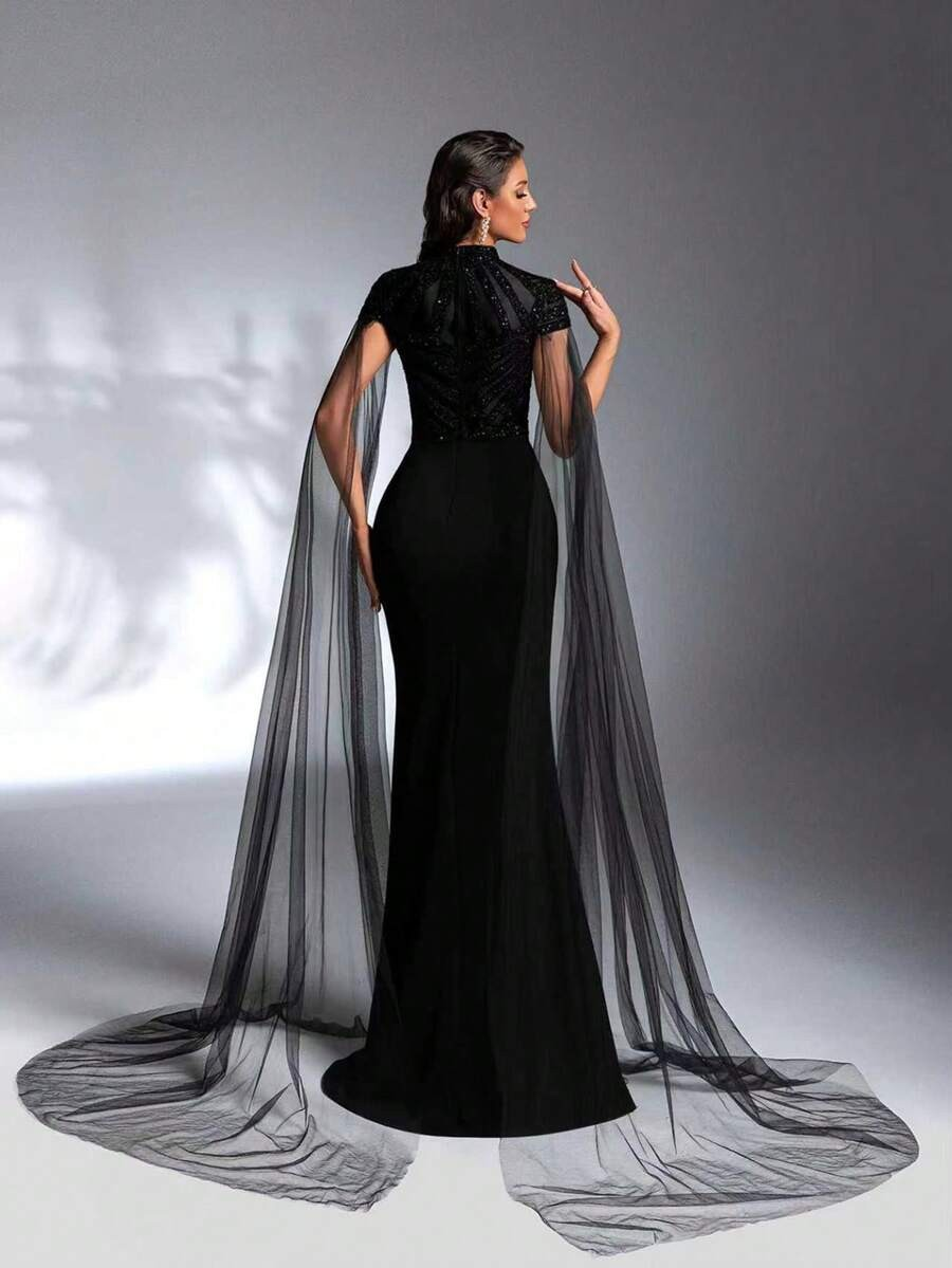 SD3172 Luxe Black High-Collar Sequin Gown