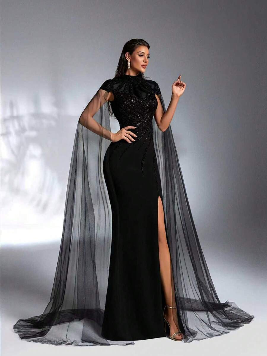 SD3172 Luxe Black High-Collar Sequin Gown