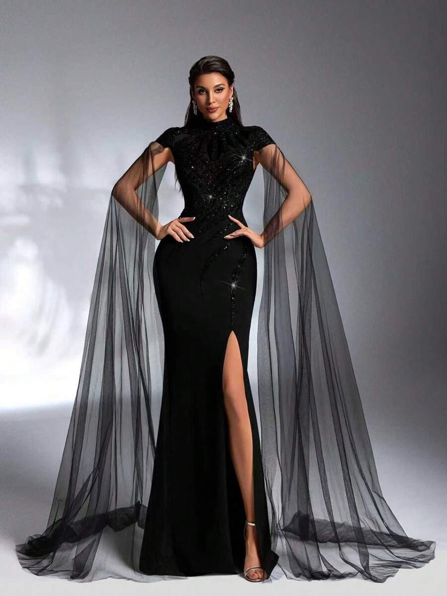 SD3172 Luxe Black High-Collar Sequin Gown