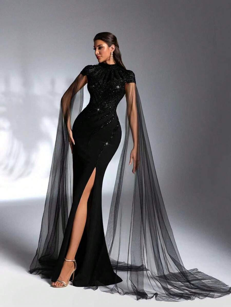 SD3172 Luxe Black High-Collar Sequin Gown