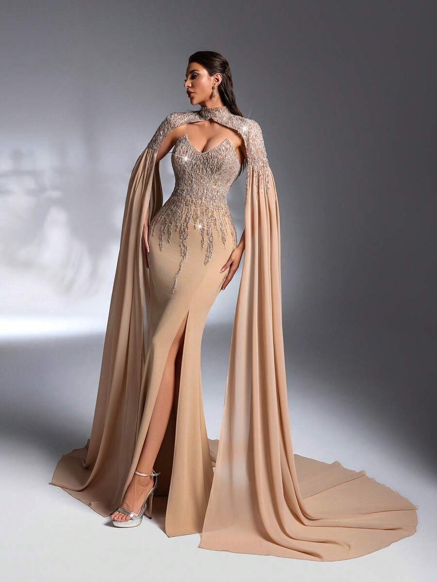 SD3206 Beaded Knit Tube Top & Chiffon Sleeve Set