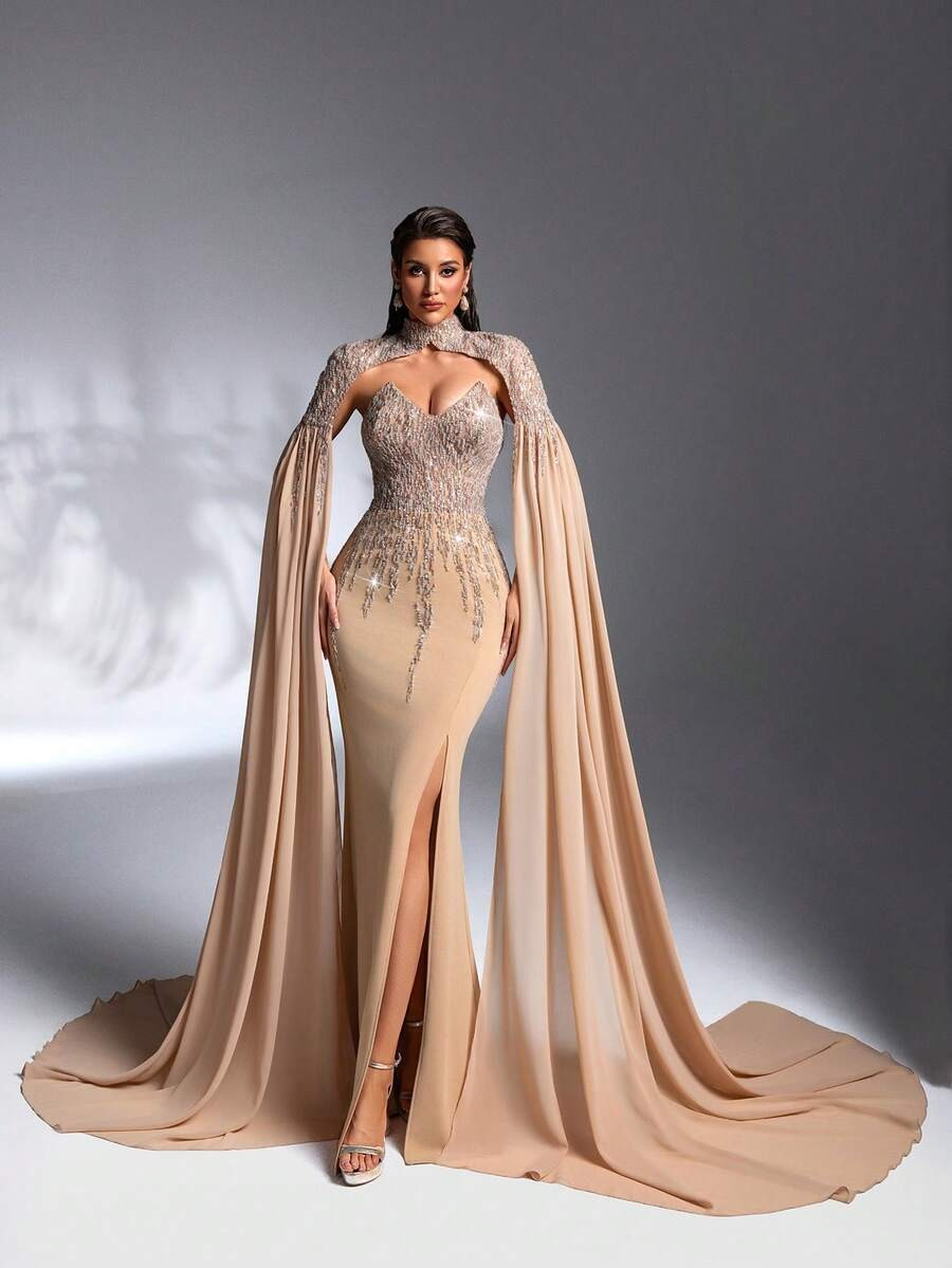 SD3206 Beaded Knit Tube Top & Chiffon Sleeve Set