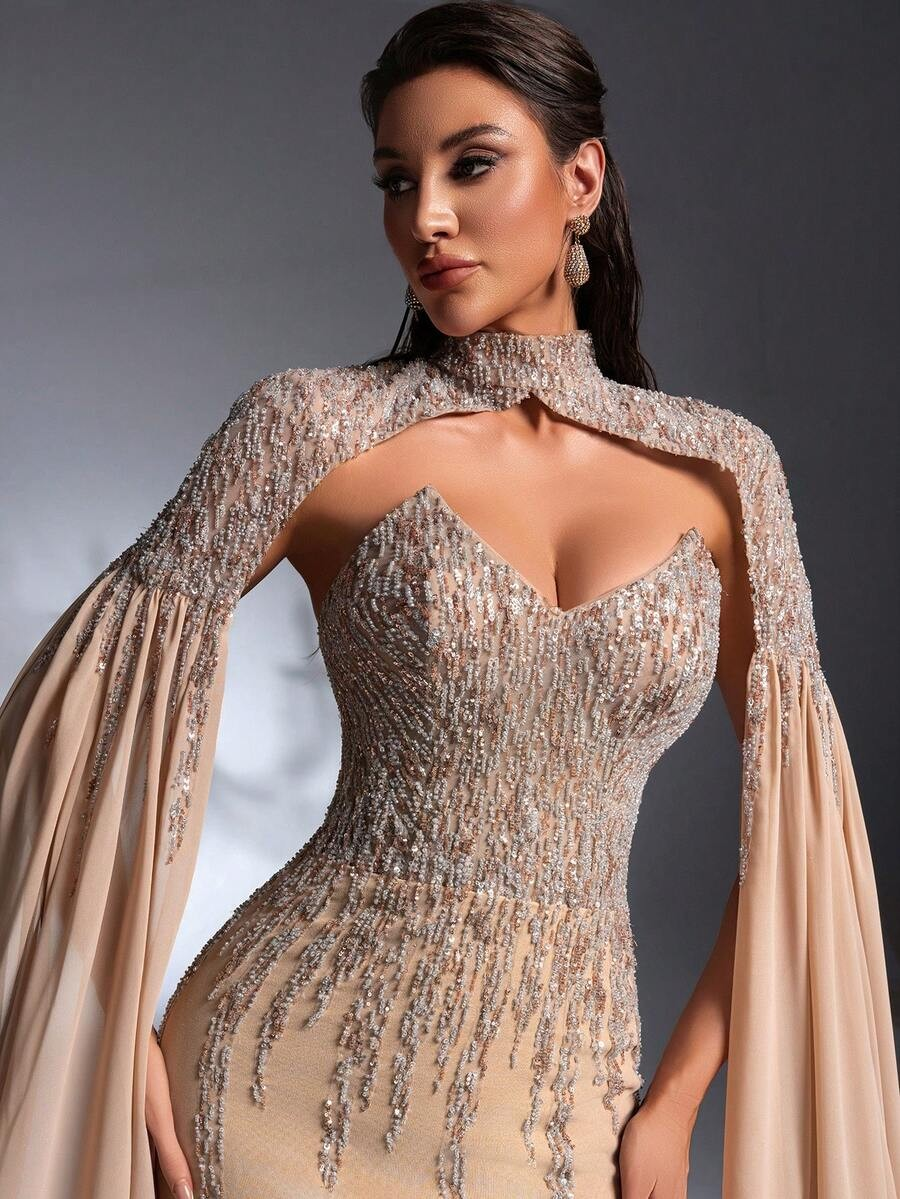 SD3206 Beaded Knit Tube Top & Chiffon Sleeve Set