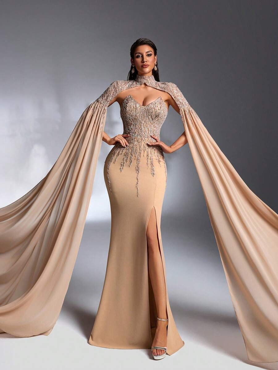 SD3206 Beaded Knit Tube Top & Chiffon Sleeve Set
