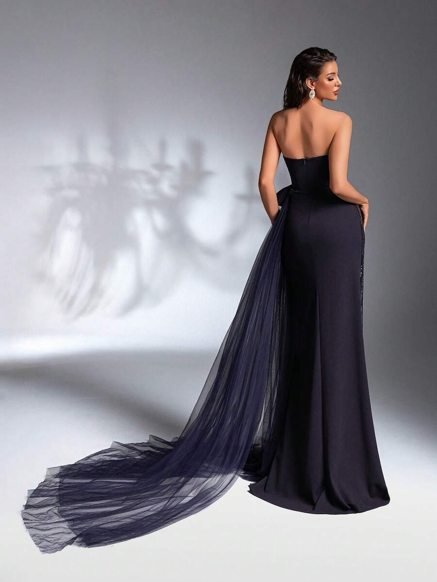 SD3180 Red Asymmetric Bustier Sequin Gown