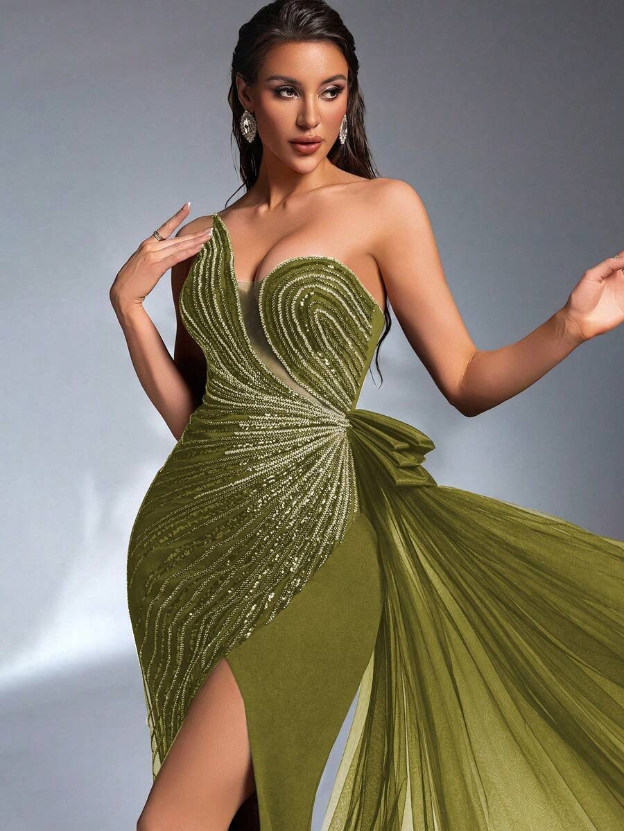 SD3180 Red Asymmetric Bustier Sequin Gown