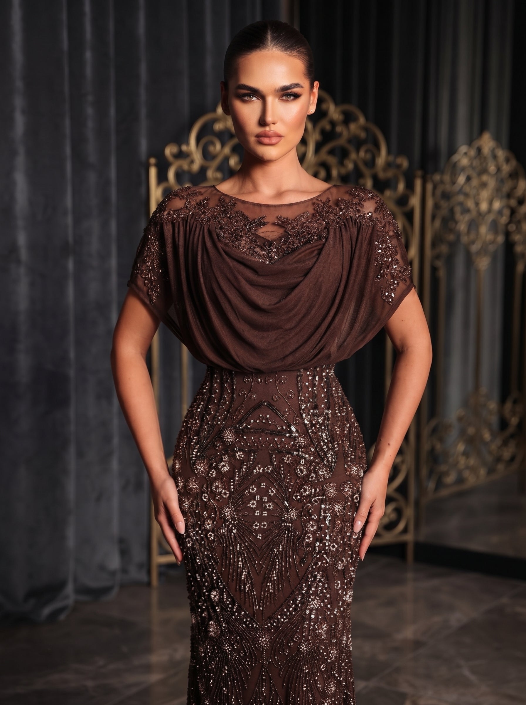 SDE3244 Elegant Brown Beaded Sequin Mermaid Formal Gown