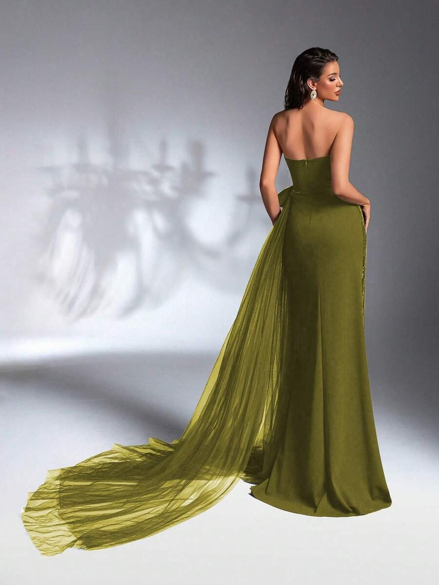 SD3180 Red Asymmetric Bustier Sequin Gown