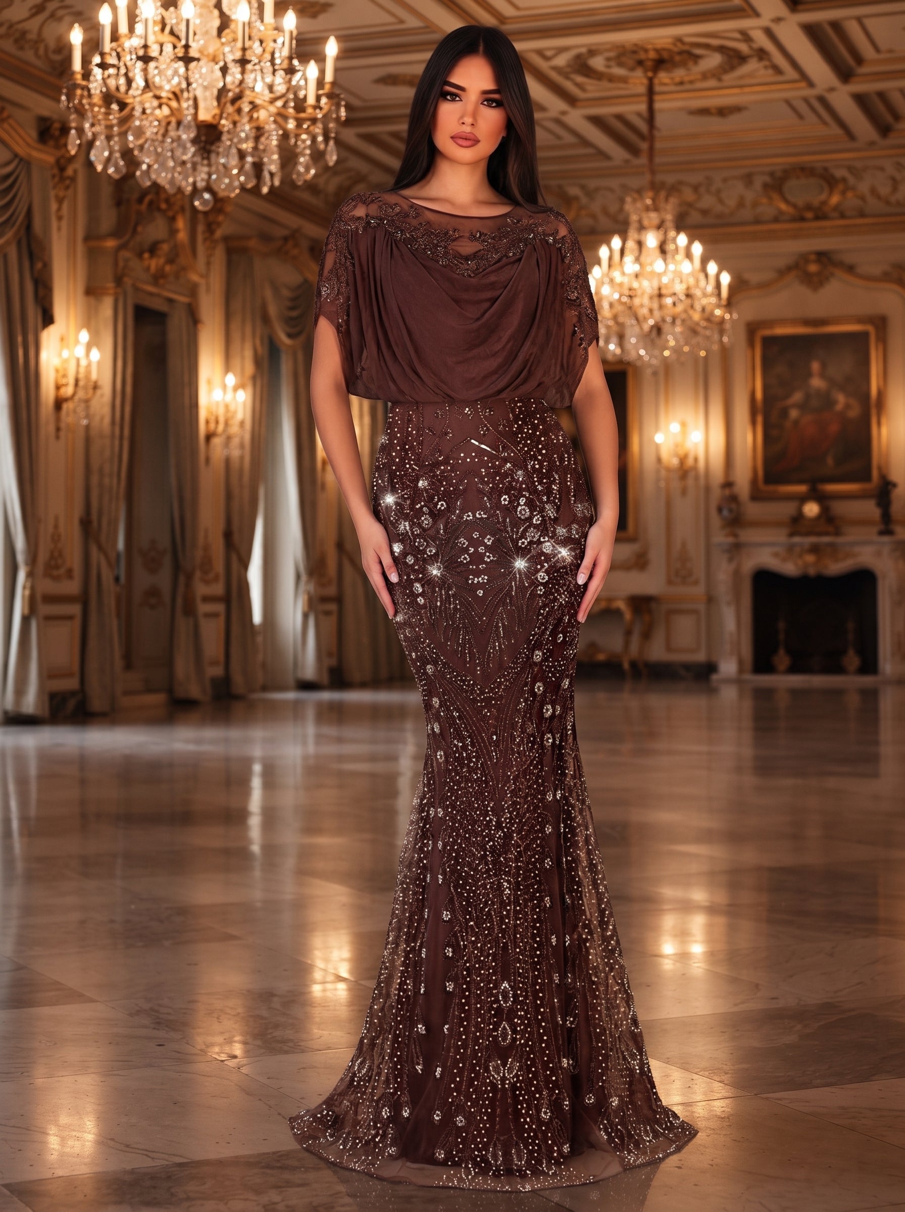 SDE3244 Elegant Brown Beaded Sequin Mermaid Formal Gown