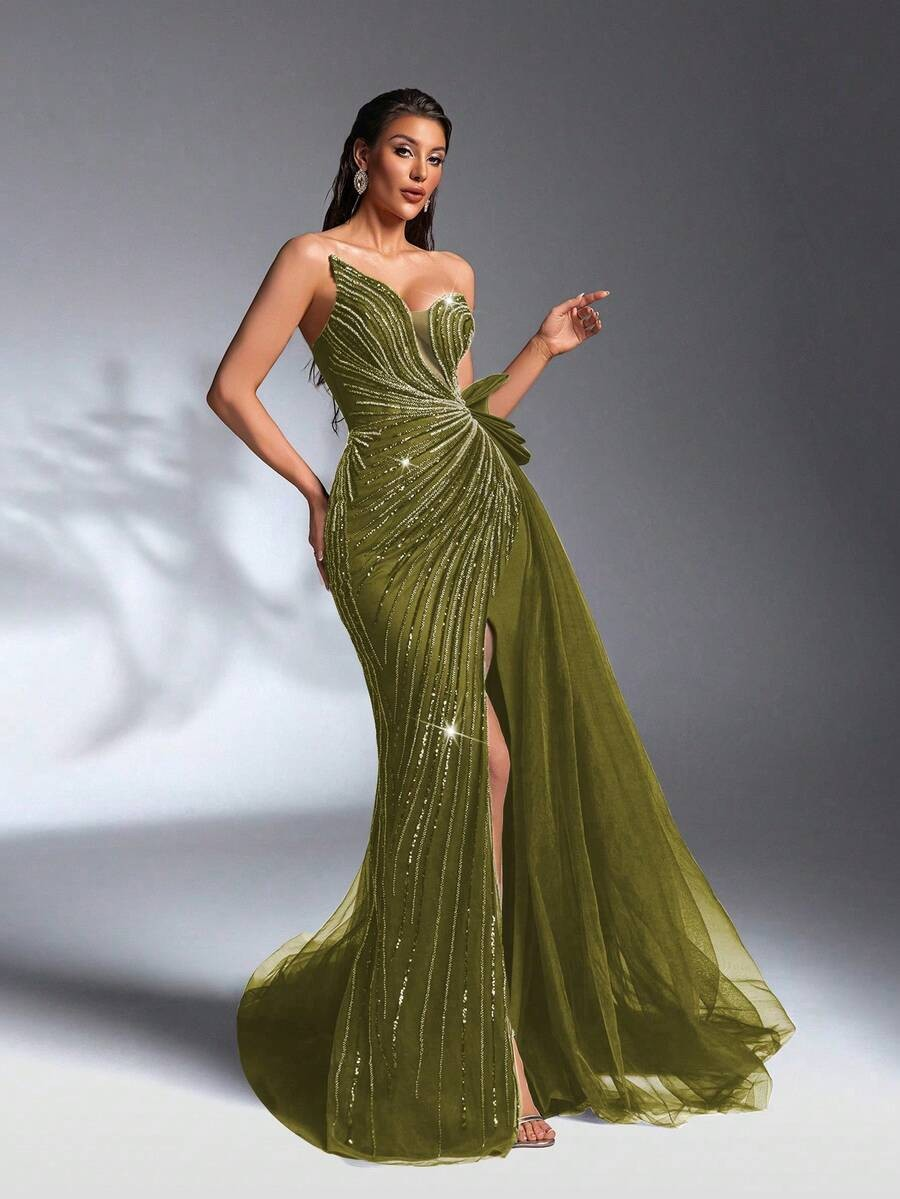 SD3180 Red Asymmetric Bustier Sequin Gown