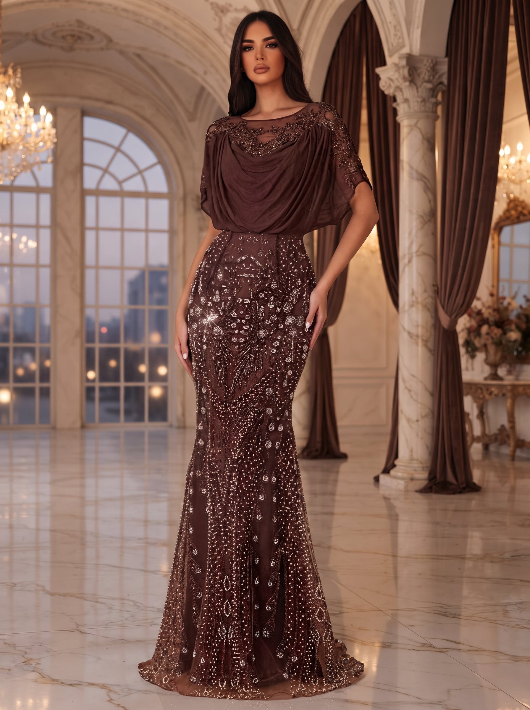 SDE3244 Elegant Brown Beaded Sequin Mermaid Formal Gown