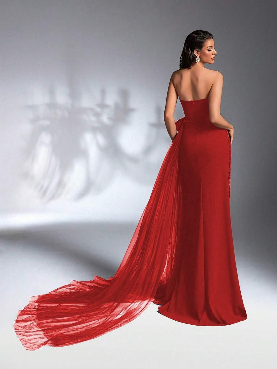 SD3180 Red Asymmetric Bustier Sequin Gown