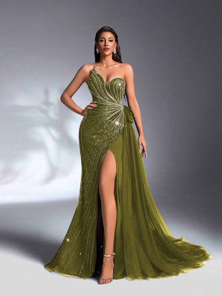 SD3180 Red Asymmetric Bustier Sequin Gown