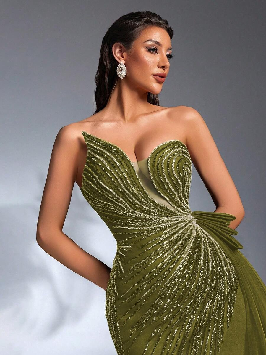 SD3180 Red Asymmetric Bustier Sequin Gown