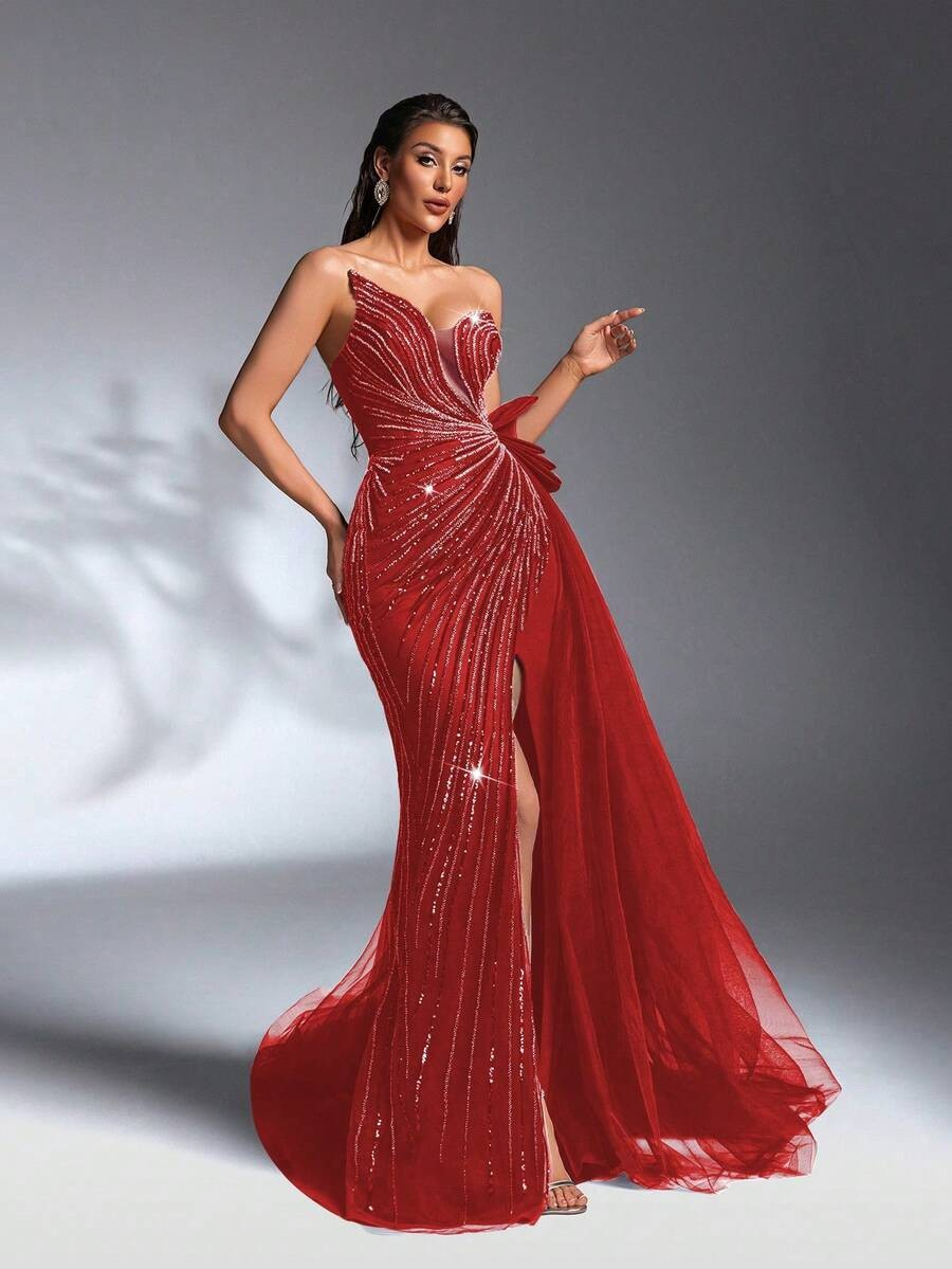 SD3180 Red Asymmetric Bustier Sequin Gown