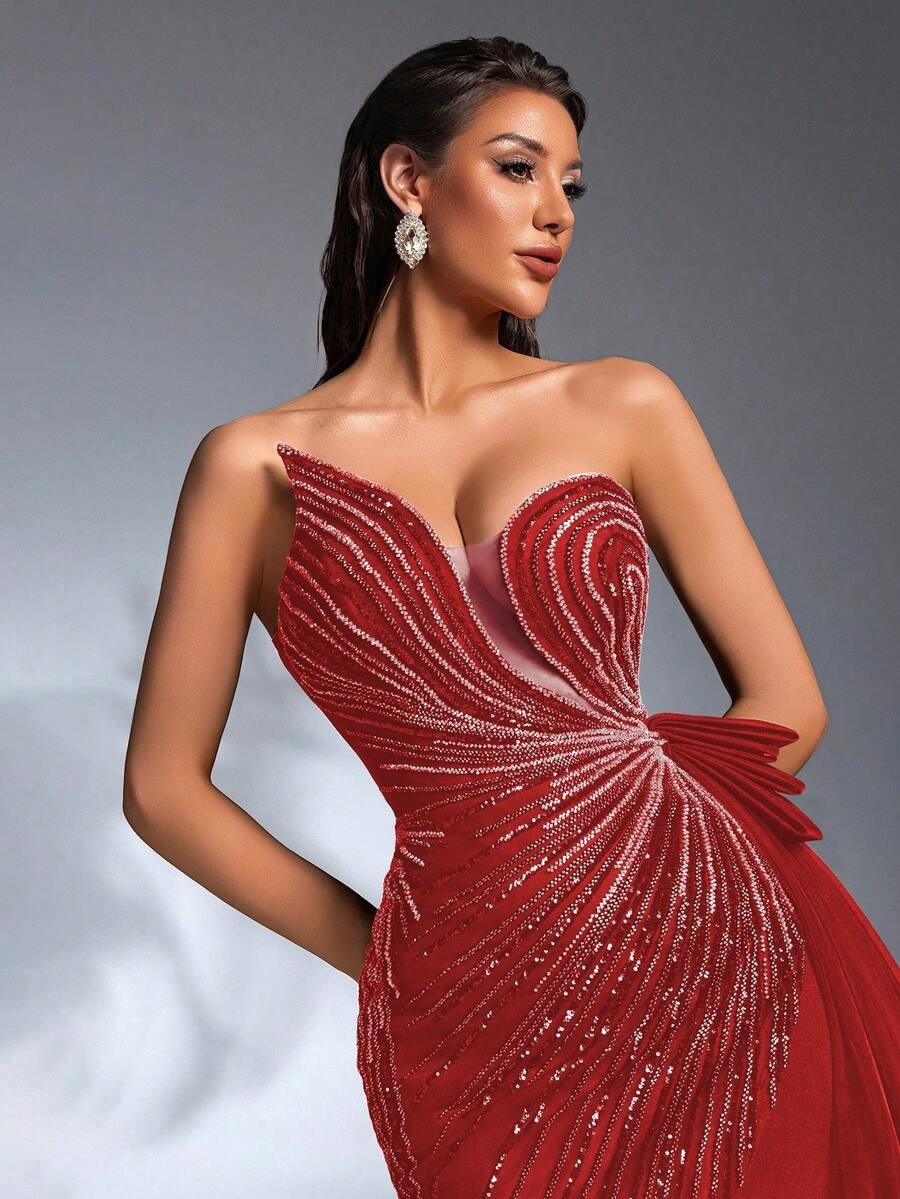 SD3180 Red Asymmetric Bustier Sequin Gown
