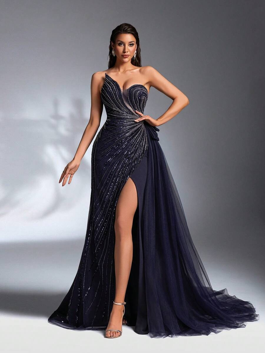SD3180 Red Asymmetric Bustier Sequin Gown