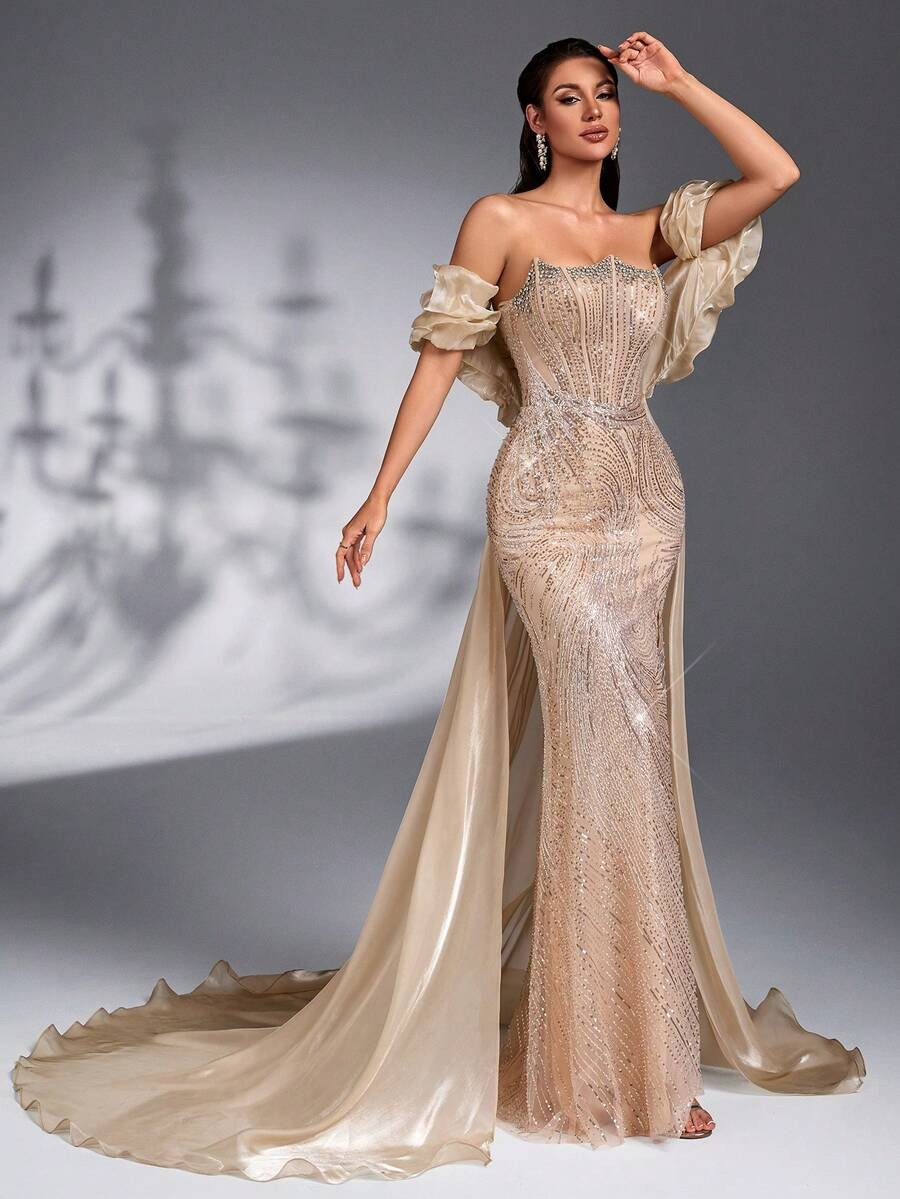 SD3203 Champagne Asymmetric Bustier 2-Piece Gown