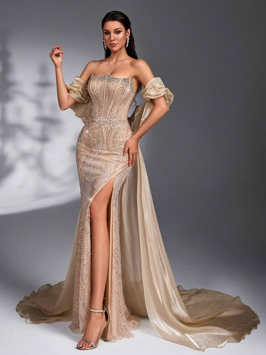 SD3203 Champagne Asymmetric Bustier 2-Piece Gown