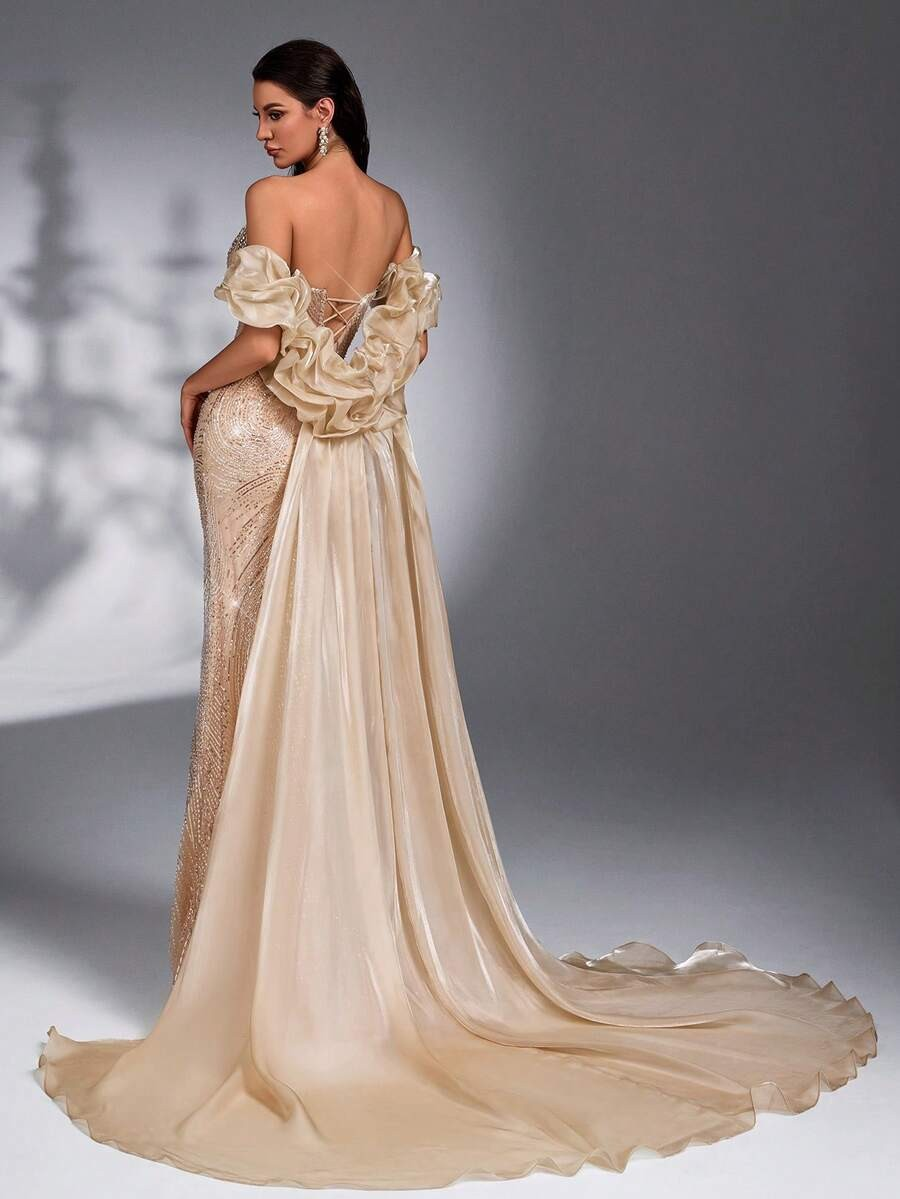 SD3203 Champagne Asymmetric Bustier 2-Piece Gown