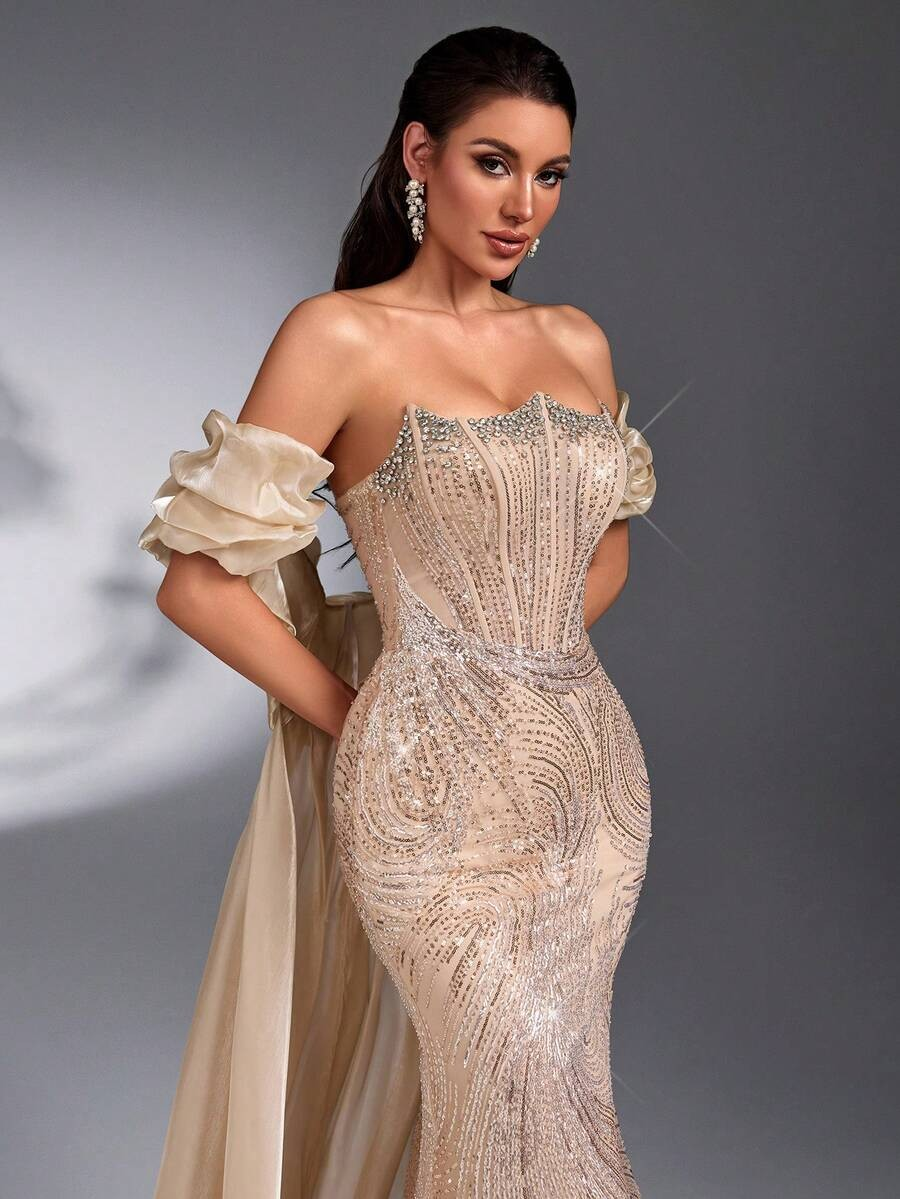 SD3203 Champagne Asymmetric Bustier 2-Piece Gown