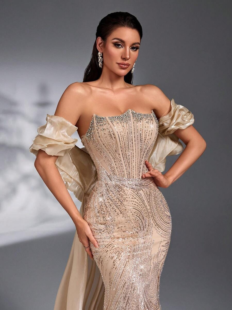SD3203 Champagne Asymmetric Bustier 2-Piece Gown