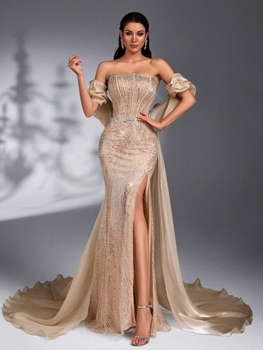 SD3203 Champagne Asymmetric Bustier 2-Piece Gown