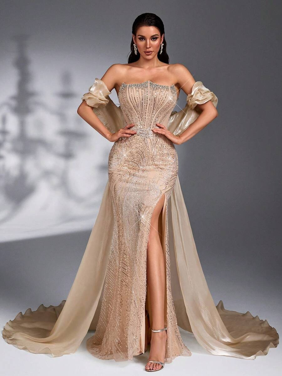SD3203 Champagne Asymmetric Bustier 2-Piece Gown