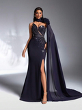 SD3188 Navy Blue Asymmetric Strapless Applique Gown