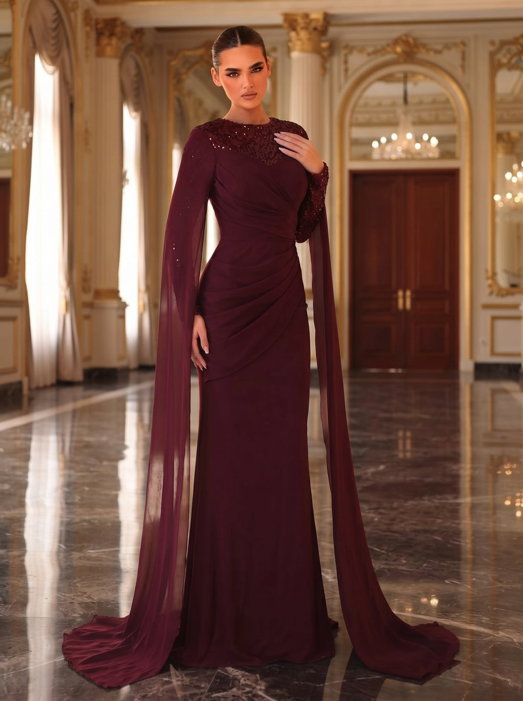 SDE3245 Elegant Red Sequin Chiffon Formal Gown