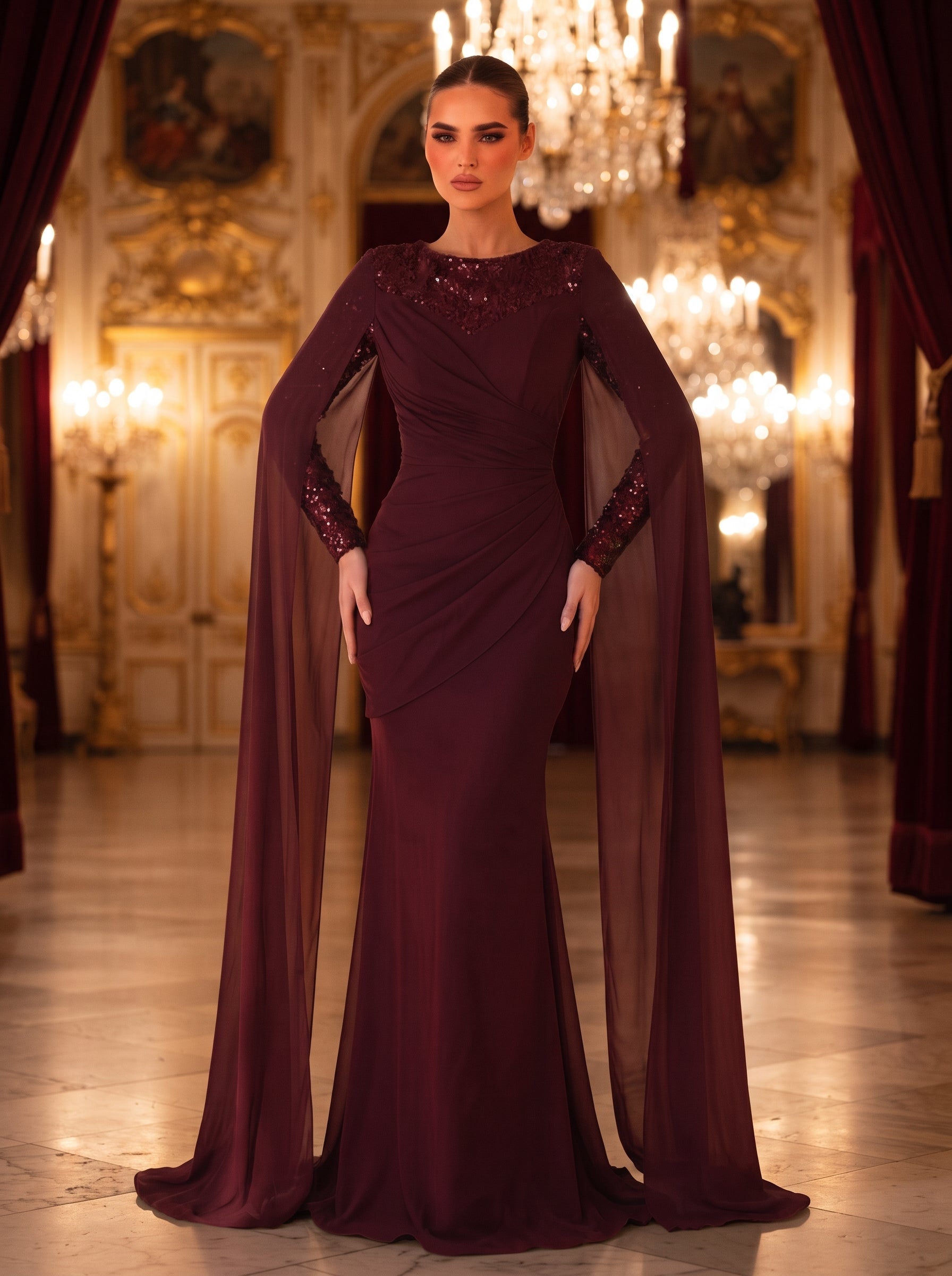 SDE3245 Elegant Red Sequin Chiffon Formal Gown