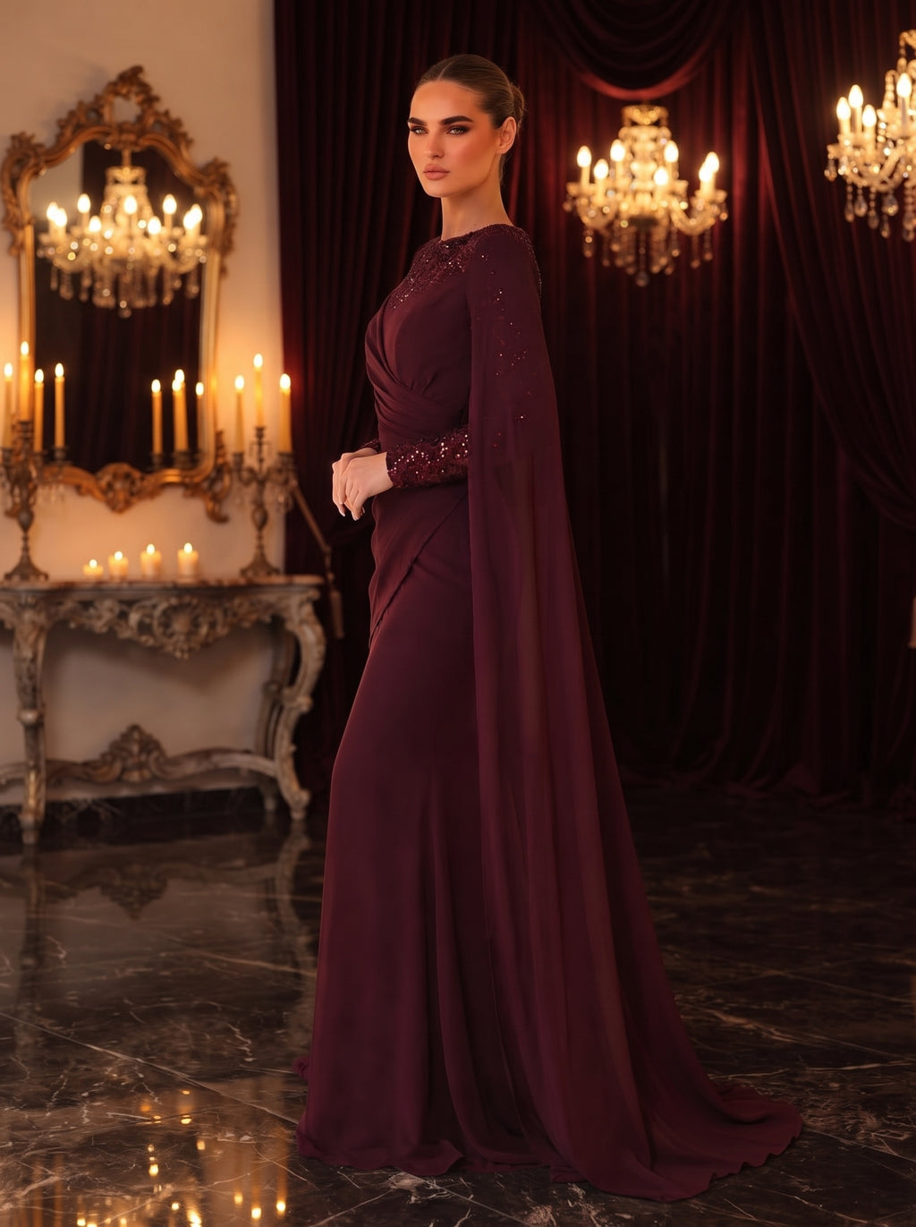 SDE3245 Elegant Red Sequin Chiffon Formal Gown